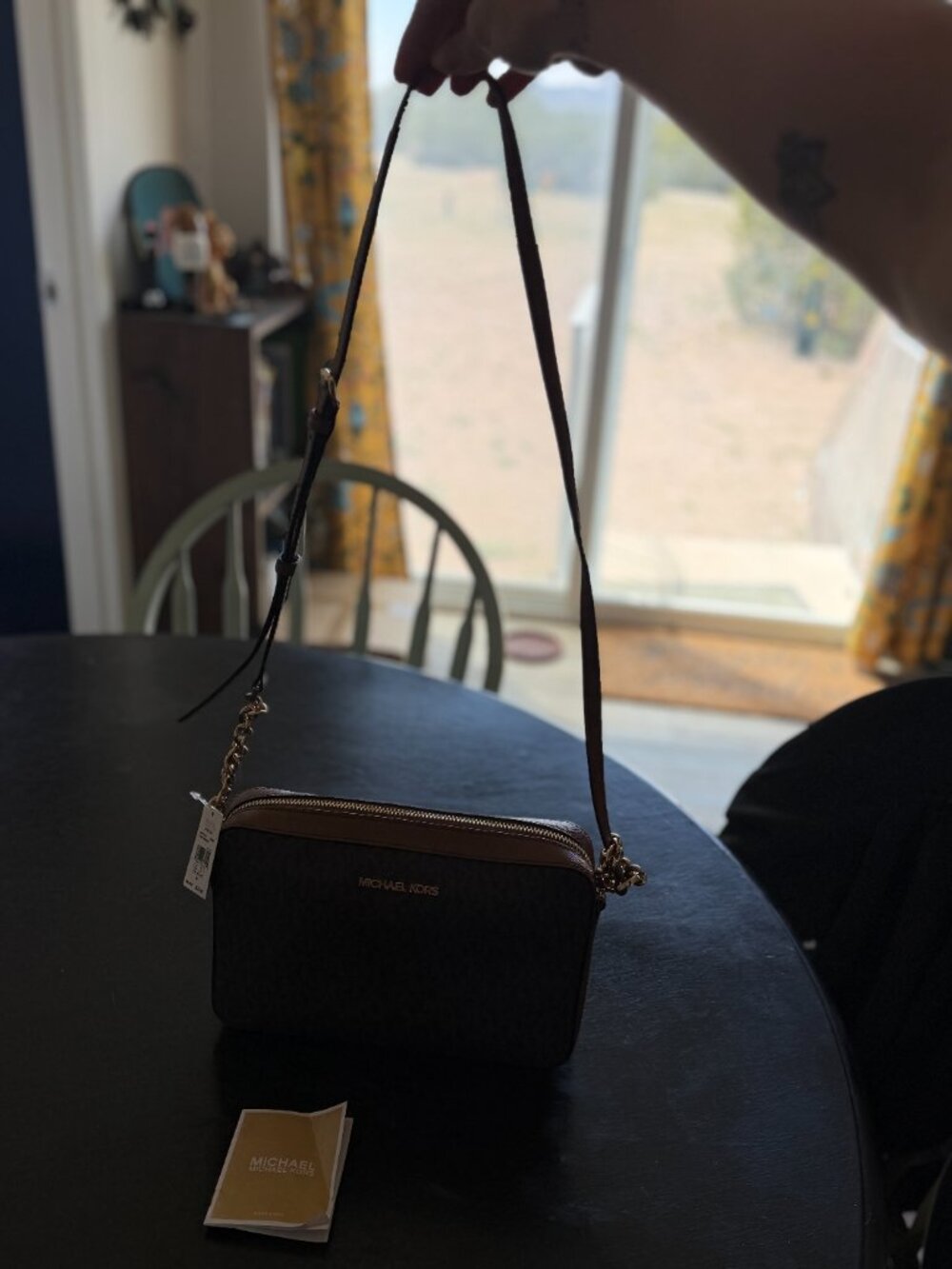 Michael Kors Jet Set Large Logo Crossbody Bag Brown MK Signature - Picture 11 of 16